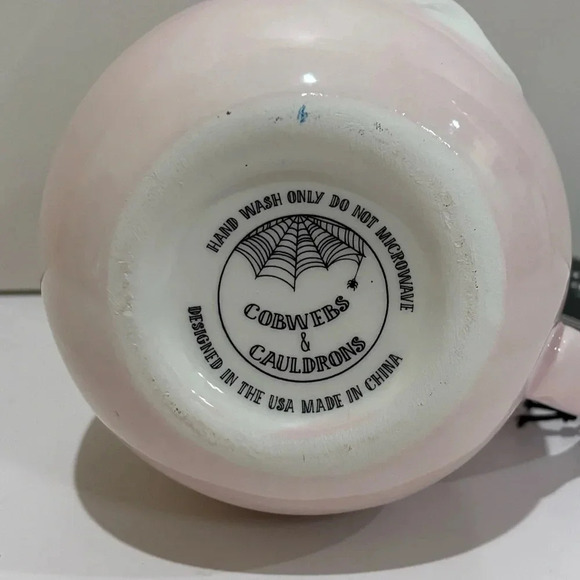 Hand Painted Pink Ghost Coffee Cup Mug Halloween Cobwebs Cauldrons - Picture 3 of 5